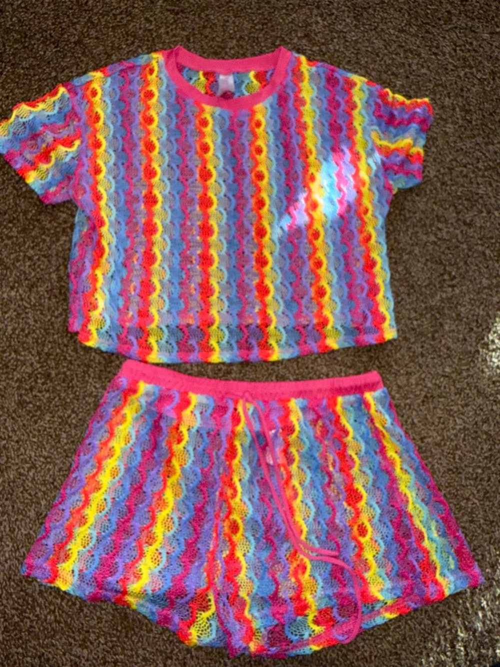 Rainbow Crochet Knit Matching Lounge Set Y2K Festival Co-Ord Women’s Medium